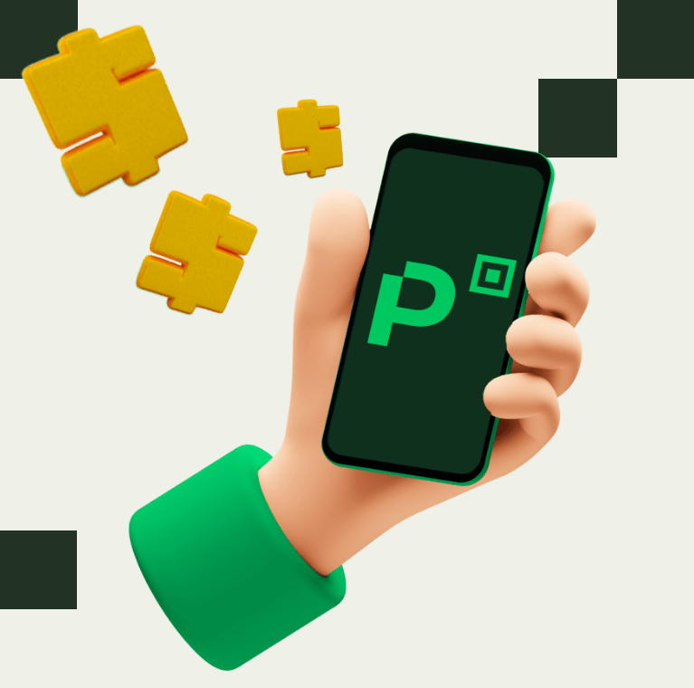 Desenho 3D de uma mão segurando o celular com o PicPay aberto