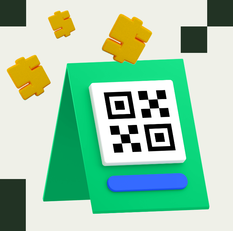 Imagem 3D de um QRCode e cifrões de dinheiro